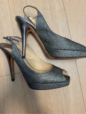Jimmy Choo Gunmetal Glitter Peep-Toe Slingback Pumps